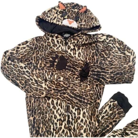 Nick Nora Leopard Print Adult Jumpsuit Pajamas Size L Hood Mittens Loungewear - Picture 6 of 12